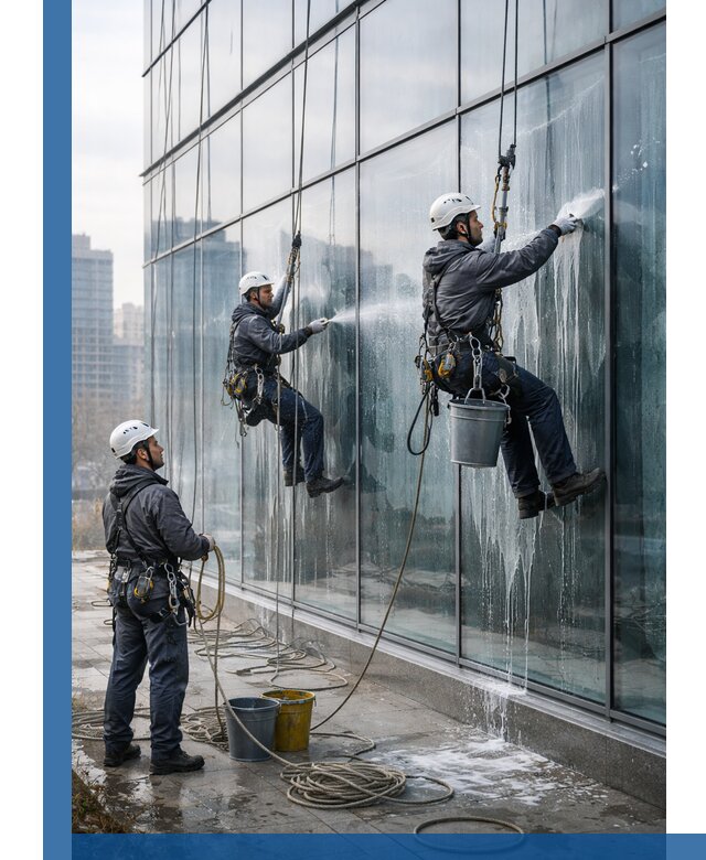 Промышленная мойка панорамных окон на высоте в Иванове