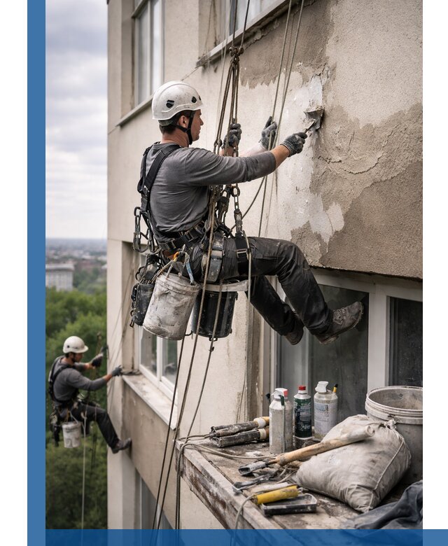Косметический ремонт фасада зданий в Иванове промышленными альпинистами