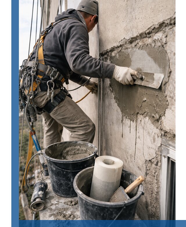 Ремонт бетонных элементов фасада промышленными альпинистами в Иванове