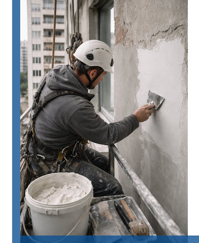 Шпаклевка фасадов на высоте с промальпинистами в Иванове