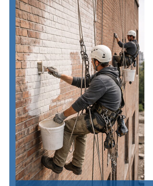Покраска кирпичного фасада с доступным альпинистским сервисом в Иванове