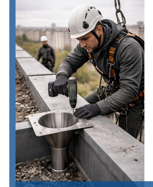 Монтаж водосточных воронок в Иванове для промышленных зданий