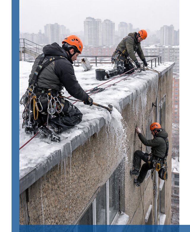 Удаление наледи с кровли в Иванове промышленными альпинистами