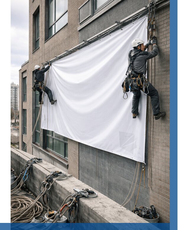 Монтаж баннеров на фасаде в Иванове от 672 р. заказать ВЫСОТНИК-Внв