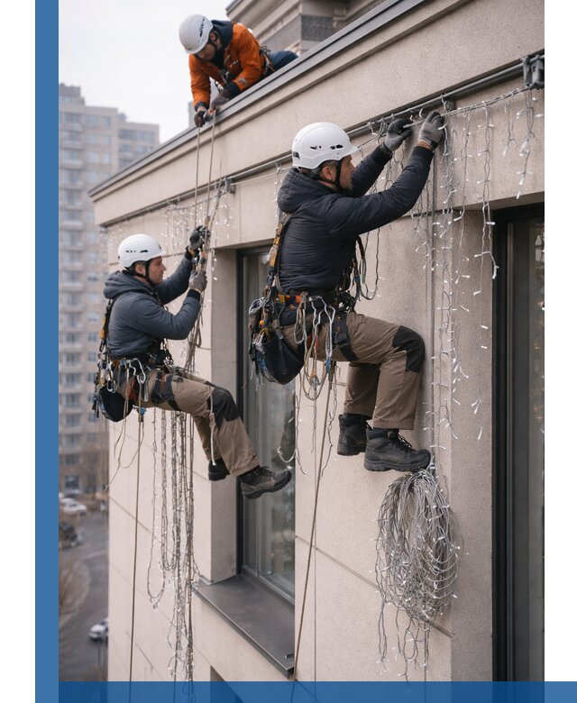 Монтаж праздничных гирлянд на фасаде в Иванове для зданий