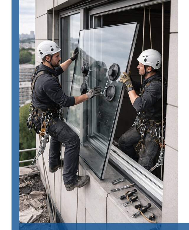 Замена стеклопакетов на высоте с промышленными альпинистами в Иванове