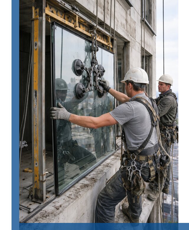 Монтаж стеклопакетов на высоте в Иванове с промышленным альпинизмом