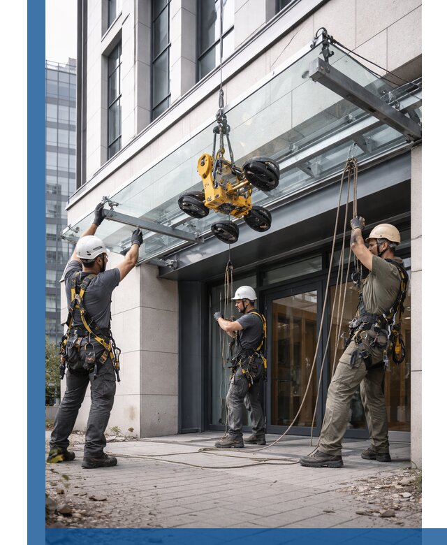 Монтаж стеклянных козырьков под ключ в Иванове для зданий