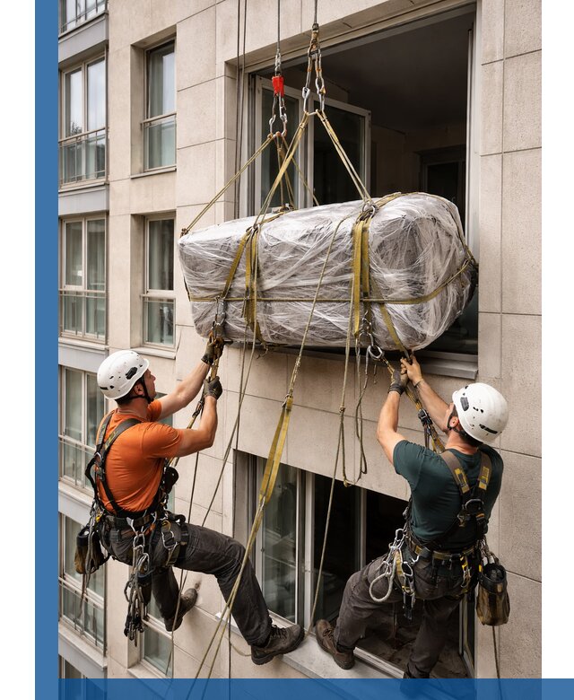 Подъем грузов через окно в Иванове промышленными альпинистами